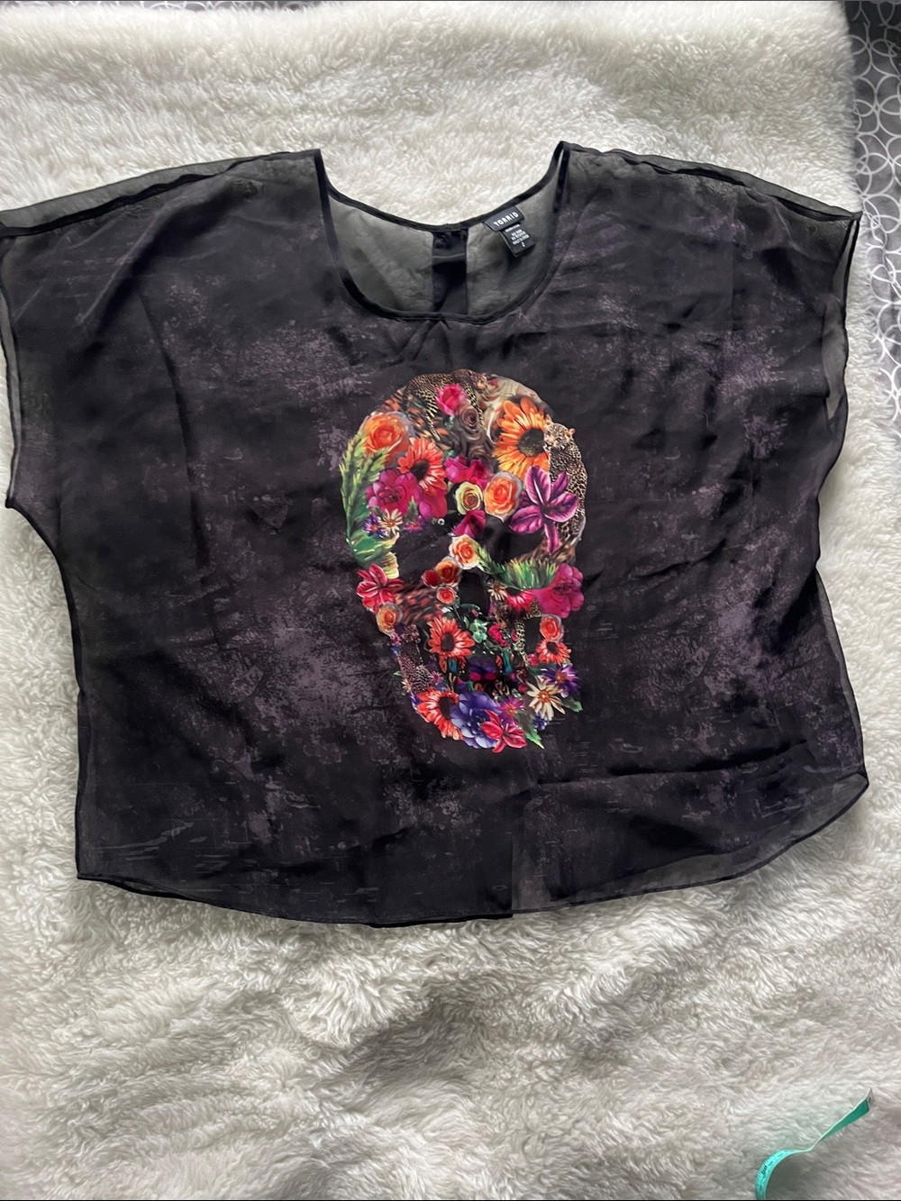 Torrid Black Sheer Short Sleeve Top with Multicolor Floral Leopard Skull sz 2X